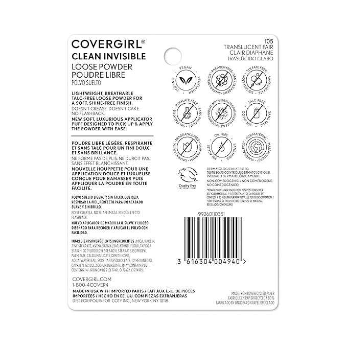 COVERGIRL Clean Invisible Loose Powder - Loose Powder, Setting Powder, Vegan Formula - Translucent Fair, 20g (0.7 oz) (Pack of 2)-VivaGrace Women