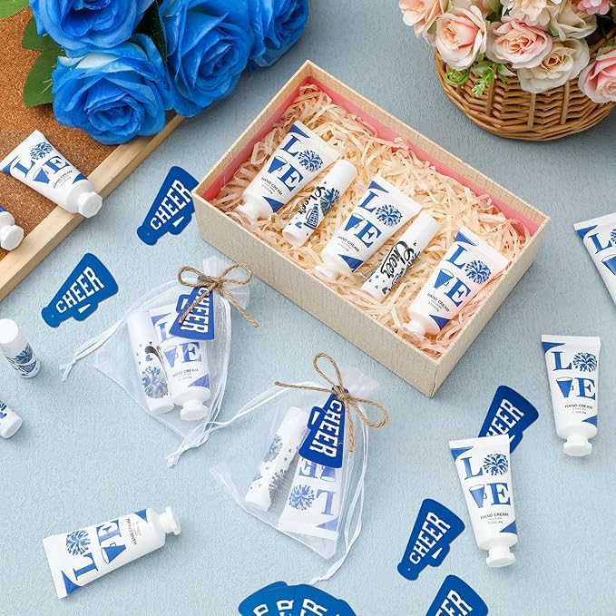 144 Pcs Blue Cheer Favors Natural Bulk Lip Balm and Hand Cream Set, Include 36 Lip Balm 36 Moisturizing Hand Cream 36 Bags 36 Card and Rope cheer accessories for Team Sports Party Supplies-VivaGrace Women