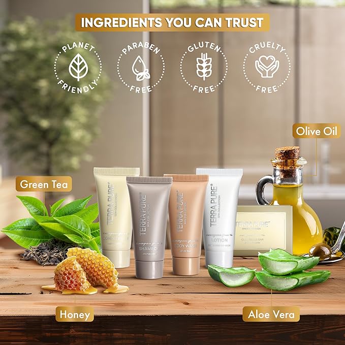 Terra Pure Spa Collection Bulk Set Toiletries | 1-Shoppe All-In-Kit Amenities for Hotels & Airbnb | 0.85 oz Hotel Shampoo & Conditioner, Body Wash, Lotion & Cleansing Bar Travel Size Tubes| 75 Pieces-VivaGrace Women