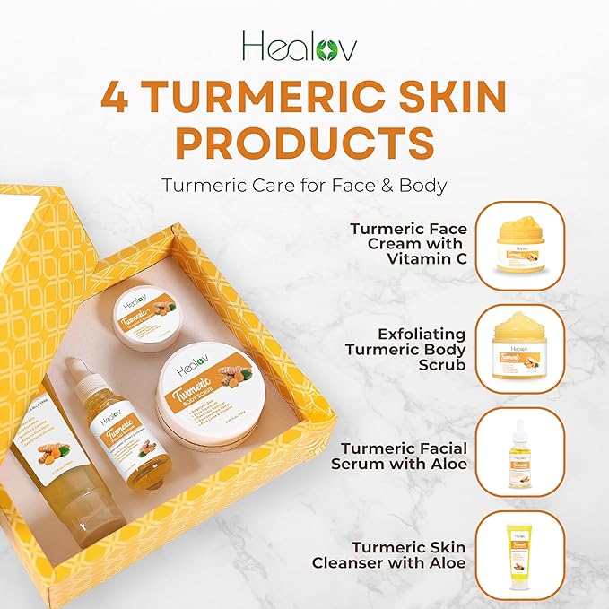 Turmeric Skincare Set - Turmeric Skin Care Products Brightening & Acne - Turmeric Skin Care Kit, Turmeric Skin Care Set - Turmeric Cleanser, Body Scrub, Face Cream & Facial Serum-VivaGrace Women