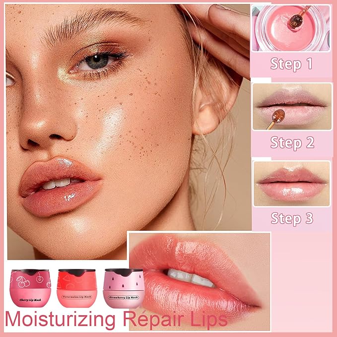 3PCS Bee Lip Balm Honey Pot, Exfoliating Strawberry Cherry Watermelon Bee Lip Balm Sleeping Lip Mask Overnight with Sticks, Honey Pot Lip Balm Prevention Dry Hydrating and Crack Lip Scrubs-VivaGrace Women