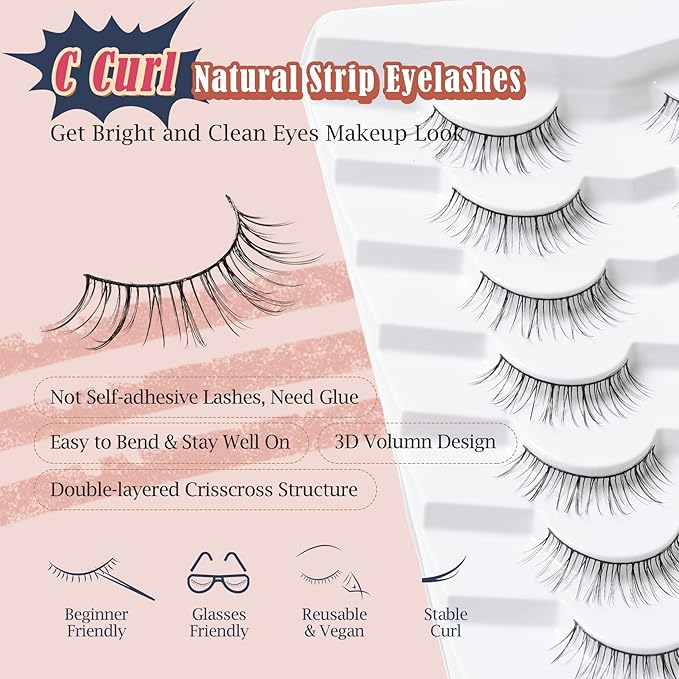 Lashes Short Eyelashes 10MM Natural Lashes Wispy Thin Band Strip Lashes Short Eyelashes Natural Look 3D Volume Lashes 7 Pair Fake Lashes Siligli-VivaGrace Women
