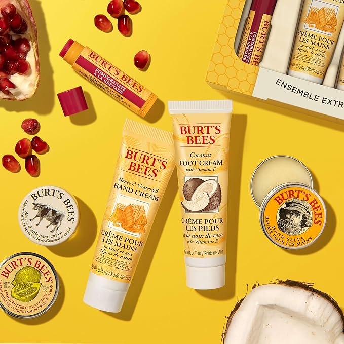Burt's Bees Back to School Gifts Ideas, 6 Body Care College Dorm Products, Tips and Toes Set - Pomegranate Moisturizing Lip Balm, 2 Hand Creams, Foot Cream, Cuticle Cream & Hand Salve-VivaGrace Women