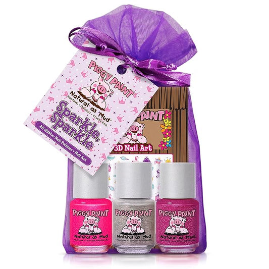 Piggy Paint | 100% Non-Toxic Girls Nail Polish | Safe, Cruelty-free, Vegan, & Low Odor for Kids | Sparkle, Sparkle! (Gift Set)
