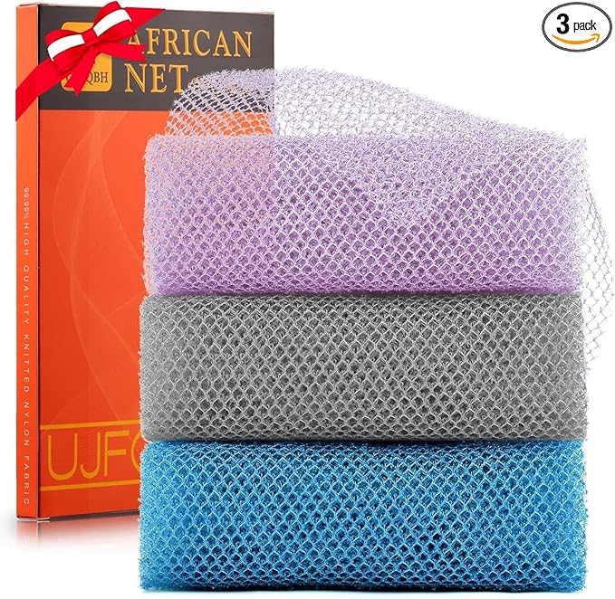 UJFQBH 3 Pieces African exfoliating net African Net Long Net Bath Sponge Exfoliating Shower Body Scrubber Back Scrubber Skin Smoother,Great for Daily Use (Purple Gray Blue)-VivaGrace Women