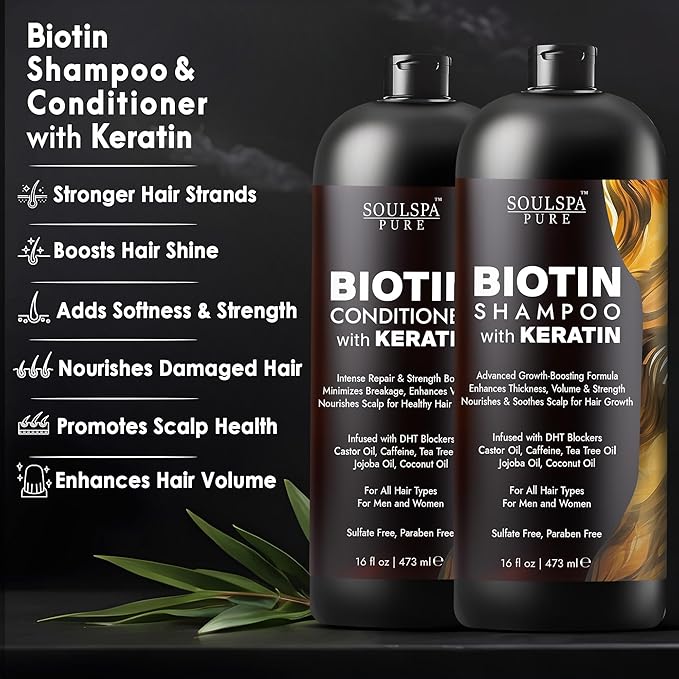 Biotin Shampoo and Conditioner Set with Keratin - Sulfate-Free Advanced Anti-Thinning, Hair Growth Shampoo and Conditioner Combo Repair Formula - with DHT Blockers, for Men & Women - 16 fl oz each-VivaGrace Women