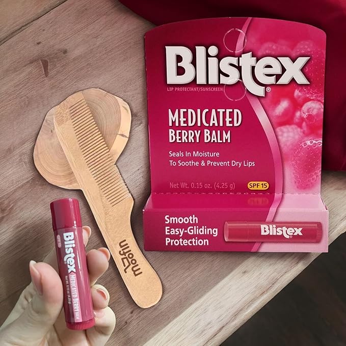 Blistex Medicated Lip Balm Medicated Lip Balm SPF15, 0.15 oz - Berry Flavor, Soothing Balm Stick Bundle with Moofin Wooden Comb - Sun Protection Medicated Lip Balm for Dry Cracked Lips, Chapped Lips-VivaGrace Women