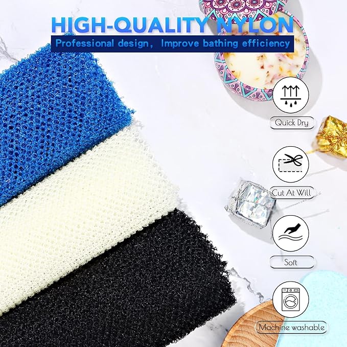 UJFQBH 3 Pieces African Bath Sponge African Net Long Net Bath Sponge Exfoliating Shower Body Scrubber Back Scrubber Skin Smoother,Great for Daily Use(Blue,Black,Off-White)-VivaGrace Women