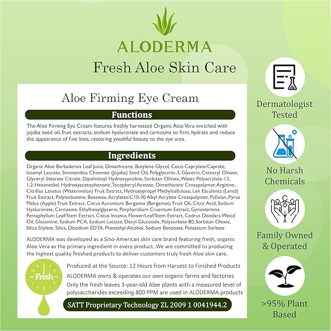 Aloderma Aloe Firming Eye Cream Made with 70% Organic Aloe Vera - Natural Daily Hydrating Eye Cream with Jojoba, Hyaluronic Acid, & Organic Aloe - Reduce Signs of Aging, Fine Lines & Wrinkles, 25g-VivaGrace Women