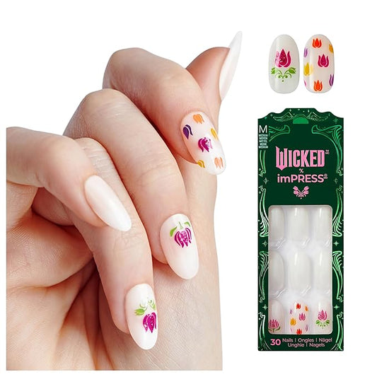 WICKED X imPRESS Design Press On Nails , The EASIEST NO GLUE Mani, Super Hold Adhesive, ‘Beautifical’, White, Medium Oval, Includes 30 Fake Nails, 1 Prep Pad, 1 Manicure Stick, 1 Mini File