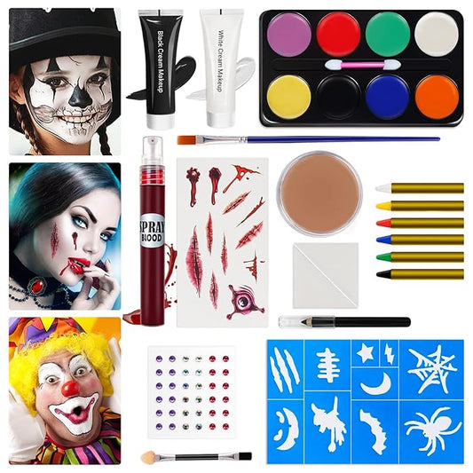 Halloween Makeup Kit, White Black Skeleton Face Paint, Clown Witch Makeup Palette, Vampire Zombie Makeup Kids Adult Special Effects: Fake Blood Scar Wax Tattoos Stencils Crayons Set-VivaGrace Women