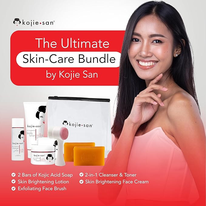 Kojie San Face & Body Complete Brightening Mini Set - 65 Gram x 2 Bars Soap, Body Lotion, Face Cream, and Facial Cleansing Brush-VivaGrace Women