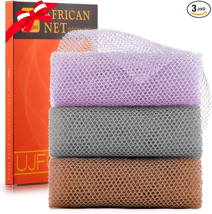 UJFQBH 3 Pieces African exfoliating net African Net Long Net Bath Sponge Exfoliating Shower Body Scrubber Back Scrubber Skin Smoother,Great for Daily Use (Purple、Gray、Brown)-VivaGrace Women