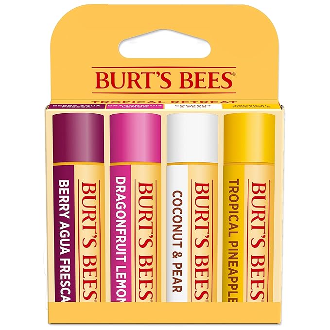 Burt's Bees Lip Balm - Berry Agua Fresca, Dragonfruit Lemon, Coconut & Pear, Tropical Pineapple Pack, With Beeswax, Tint-Free, Natural Origin Lip Treatment, 4 Tubes, 0.15 oz.-VivaGrace Women