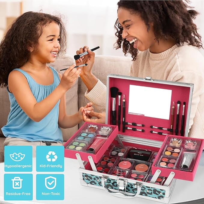 Anpro All-In-One Leopord Double Folding Makeup Carry Case with Pro Teen Makeup Set, Full Starter Kit with Makeup Brushes, Lipsticks, Eyeshadow Palette, Blushes, Glitter Gel, Ideal Present for Girls-VivaGrace Women
