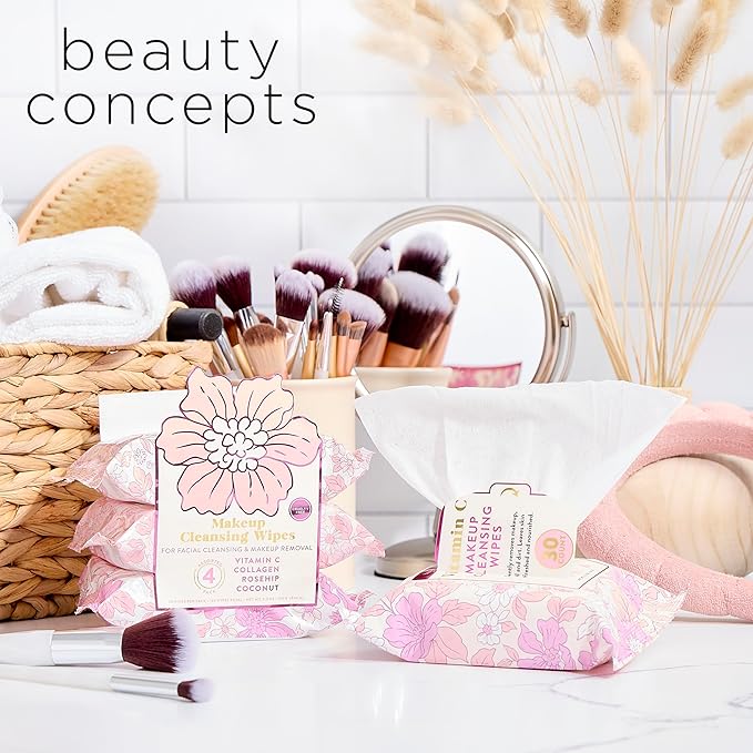 Beauty Concepts Facial Wipe Set - Packs of Face Wipes, Makeup Removing Wipes, Vitamin C, Collagen, Rosehip, & Coconut