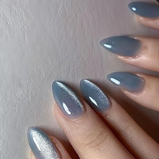 KQueenest Cat Eye Press on Nails Almond Shape, 30 Pcs Glitter Baby Blue Fake Nails Medium, Thick Sparkly Glass Nails Press on, Shiny Acrylic Nails, Cute Bling Stick on Nails for Women