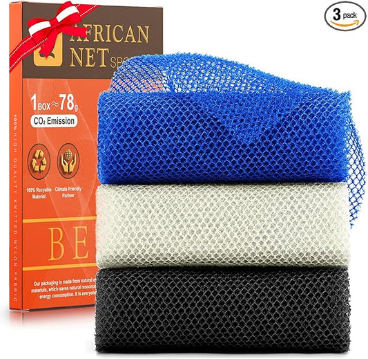 UJFQBH 3 Pieces African Bath Sponge African Net Long Net Bath Sponge Exfoliating Shower Body Scrubber Back Scrubber Skin Smoother,Great for Daily Use(Blue,Black,Off-White)-VivaGrace Women
