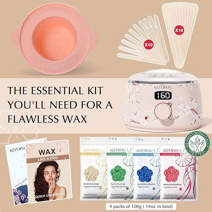 KOTAMU Waxing Kit for Women & Men, Wax Warmer for Hair Removal, Digital Wax Kit with Silicone Pot，Ideal for Face Eyebrow Arm Legs Armpit &Sensitive Skin, Cherry Waxing Machine for Home Salon Use-VivaGrace Women