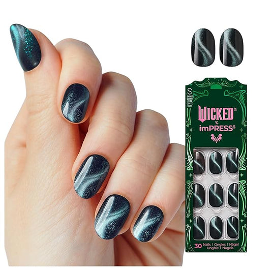 WICKED X imPRESS Design Press On Nails , The EASIEST NO GLUE Mani, Super Hold Adhesive, ‘Land of OZ’, Green, Short Oval, Includes 30 Fake Nails, 1 Prep Pad, 1 Manicure Stick, 1 Mini File