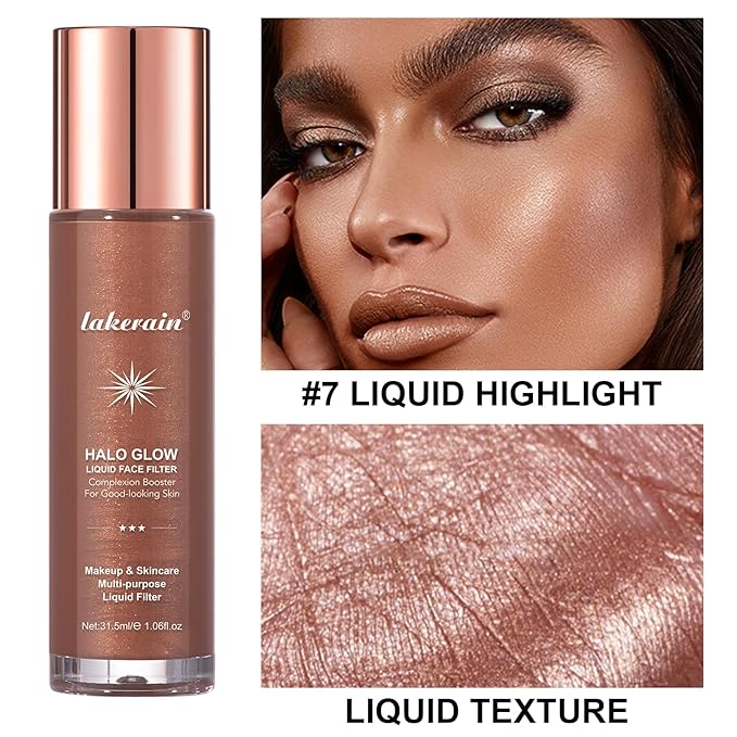 Natural Glow Liquid Filter Makeup, Longwear Face Luminizer, Complexion Booster For Any Part of the Body, Liquid Highlighter with Brush Kit, Infused Hyaluronic Acid, 1.06 fl oz (#07 DEEP/RICH)-VivaGrace Women