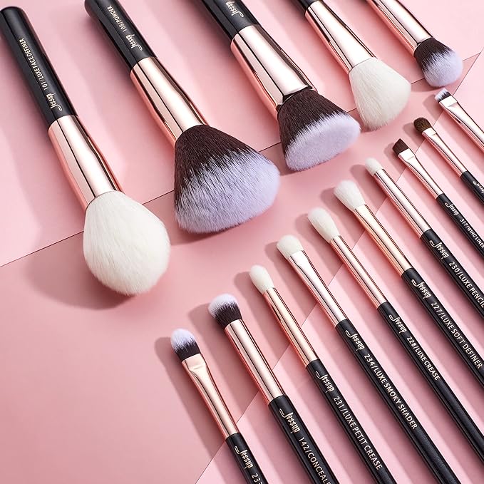 Jessup Makeup Brushes, Labeled Makeup Brush Set Premium Synthetic and Natural Hair Foundation Powder Concealer Eyeshadow Blending 15pcs Brush Kit, Rose Gold/Black T160-VivaGrace Women