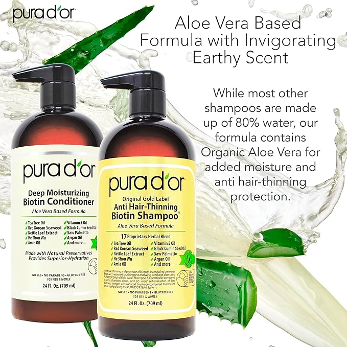 PURA D'OR Anti-Thinning Biotin Shampoo & Deep Moisturizing Conditioner Original Gold Label Set (24oz x2) Natural Earthy Scent, CLINICALLY TESTED Effective Results, Hair Thickening Product, Women & Men-VivaGrace Women