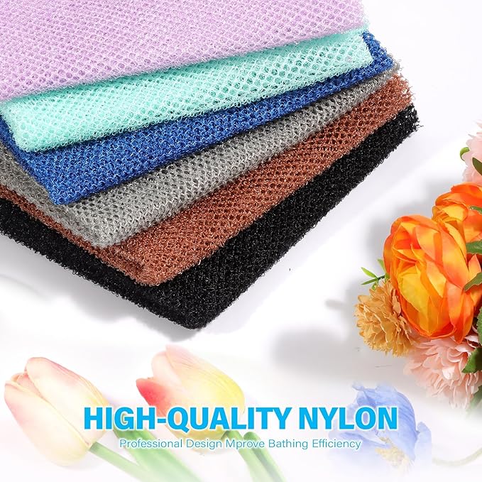 UJFQBH 6 Pieces African Bath Sponge African Net Long Net Bath Sponge Exfoliating Shower Body Scrubber Back Scrubber Skin Smoother,Great for Daily Use (Purple, Gray, Blue, Black, Brown, Green)-VivaGrace Women