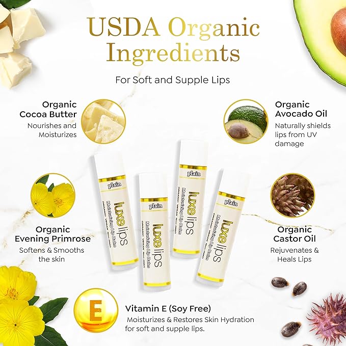 Luxe Beauty No-Beeswax, No-Petroleum Organic Lip Moisturizer for Very Dry Lips - For Sun/Wind Damage, Dryness & Chapping Lip Care – 4-Pack Hydrating Lip Care Products That Work Over/Under Lipstick-VivaGrace Women