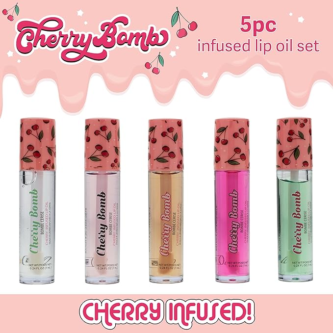 Expressions 5pc Lip Oil Set - Cherry Bomb Lip Oils, Lip Healing Cherry Infused Lip Oil Collection with Precision Applicator Wand Everyday Lip Care and Lip Repair (CHERRY BOMB)-VivaGrace Women