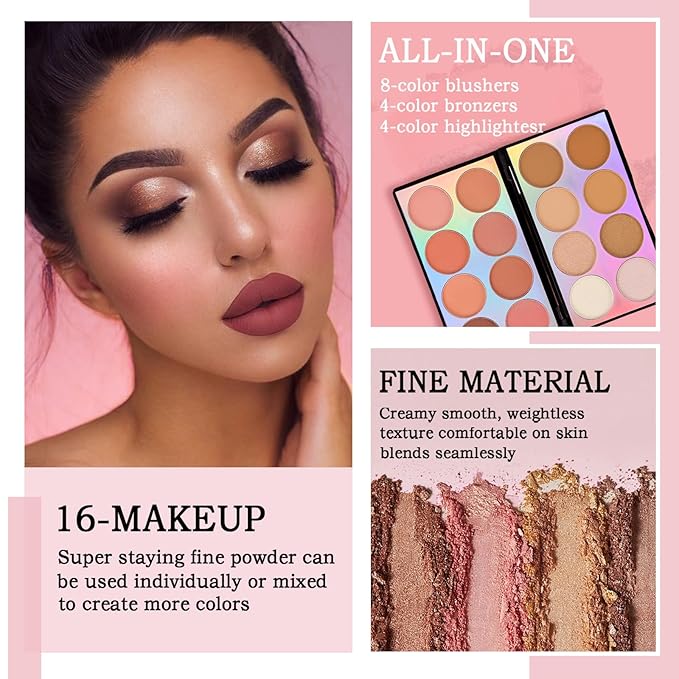 Coosa Blush Palette, Highlighter Contour Makeup Palette, Blush for Cheeks, All-In-One Bronzer Bright Shimmer Cosmetics Sets for Eyes, Lips & Cheeks-VivaGrace Women