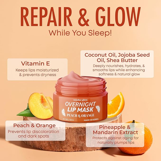 Peach & Orange Lip Mask - Dermatologist Tested, Anti-Aging, Korean Skin Care, Deep Hydration, Overnight Lip Repair - Vegan, Clean Beauty, 95% Natural, Cruelty-Free - 1 Pack-VivaGrace Women