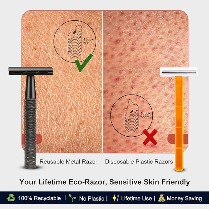 Matte Gun Black Double Edge Safety Razor, Single Blade Razors for Men and Women, with 10 Stainless Steel Safety Razor Blades, Reusable, Eco-friendly, Smooth and Close Shaving, Plastic Free-VivaGrace Women