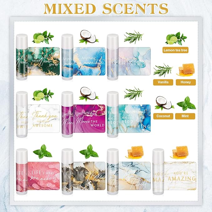 50 Sets Inspirational Lip Balm Gifts Moisturizing Lip Balm Bulk Thank You Lipstick for Guest 5 Flavors Marble Style Lip Balm with Organza Bags for Family Reunion Favor Women Stocking Gift Stuffers-VivaGrace Women