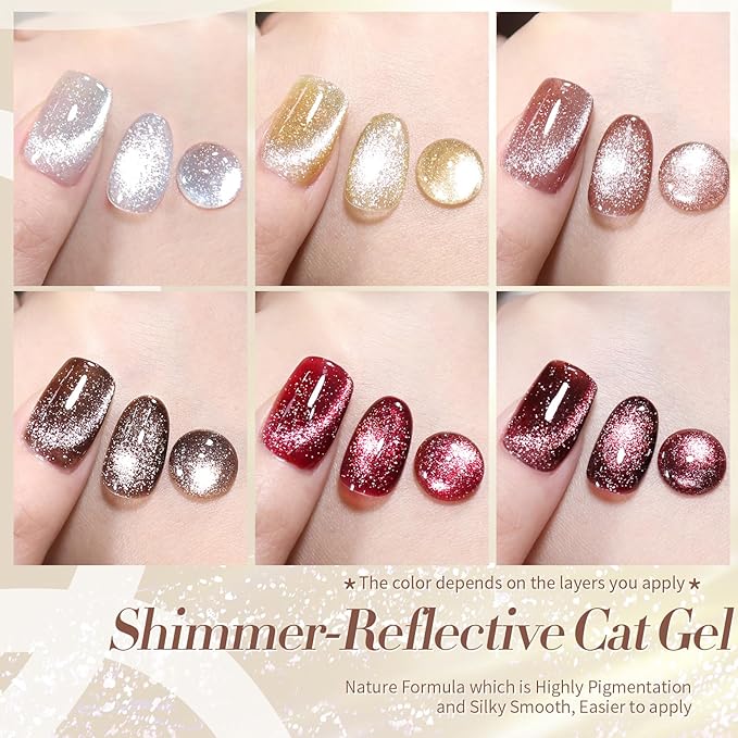Born Pretty Cat Magnetic Eye Gel Nail Polish Reflective Glitter Gel Polish Red Silver Champagne Gold Glitter Gel Nail Polish 6PCS Set-VivaGrace Women