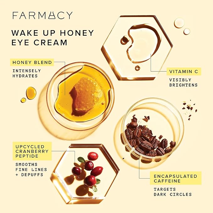 Farmacy Brightening Eye Cream - Wake Up Honey Under Eye Cream for Dark Circles + Puffiness - Caffeine Eye Cream Enriched with Vitamin C + Cranberry Peptide to Smooth Wrinkles Over Time (15ml)-VivaGrace Women