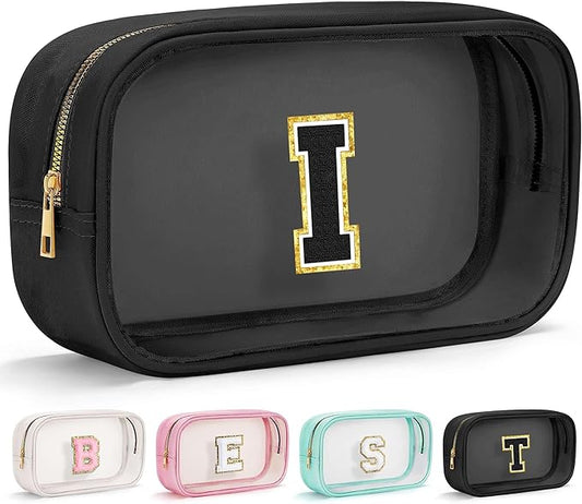 YOOLIFE Initial Make Up Bag Travel Toiletry Bag for Women, Clear Makeup Bag Organizer Cosmetic Bags Travel Essentials Gifts for Women Teen Girlfriend Teacher Mom Birthday Mothers Day Gifts Black I-VivaGrace Women