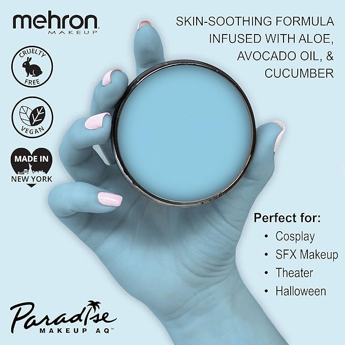 Mehron Makeup Paradise Makeup AQ Pro Size | Stage & Screen Performance, Face & Body Painting, Beauty, Cosplay, and Halloween | Water Activated Face Paint, Body Paint 1.4 oz (40 g) - Light Blue-VivaGrace Women
