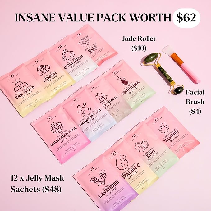 Jelly Mask for Facials - 12 Flavors Hydrating & Brightening Jelly Face Masks | Free Jade Roller & Spatula | Bulgarian Rose, Lavender, Hyaluronic Acid, 24K Gold face mask skin care |Vajacial Jelly Mask-VivaGrace Women