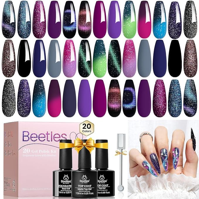 Beetles Cat Eye Gel Polish Set - 24Pcs 20 Colors Glitter Dark Color Changing Gel Nail Polish Kit with Base Gel Glossy Matte Top Coat Soak off UV DIY Nail Art Salon Ombre Black Nails Gift-VivaGrace Women
