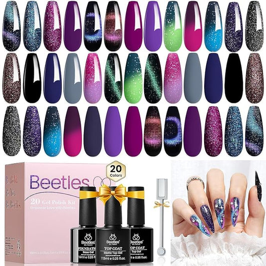 Beetles Cat Eye Gel Polish Set - 24Pcs 20 Colors Glitter Dark Color Changing Gel Nail Polish Kit with Base Gel Glossy Matte Top Coat Soak off UV DIY Nail Art Salon Ombre Black Nails Gift-VivaGrace Women
