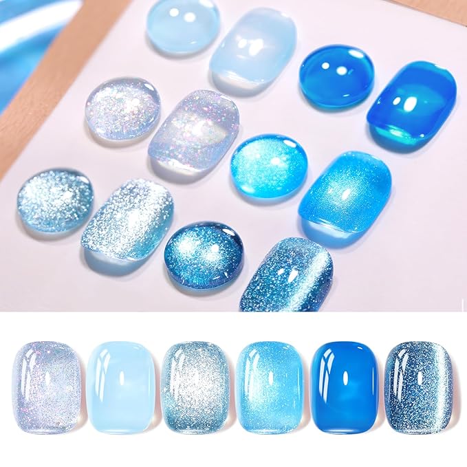 Born Pretty Gel Nail Polish Blue Series,Jelly Transparent,Cat Magnetic Eye,Shimmer Glitter Holographic Blue Gel Polish Kit for Salon Manicure and Nail Art DIY at Home 6Colors-VivaGrace Women