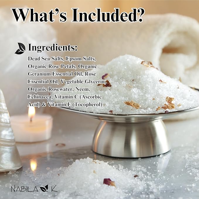 Organic Rose Bath Salts by Nabila K - Dead Sea Salt & Epsom Salt Scrub & Soak - Exfoliates & Hydrates Skin, Botanical Essential Oils - Bubble Bath Accessories for All Skins Types, 8 oz-VivaGrace Women