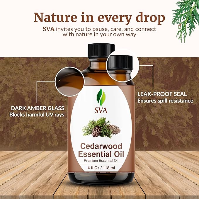 SVA Cedarwood Essential Oil – 4 Fl Oz – 100% Natural Cedar Cupressus Funebris Oil - for Diffuser, Hair Care, Face, Skin Care, Aromatherapy, Scalp and Body Massage, Soap and Candles - with Dropper-VivaGrace Women
