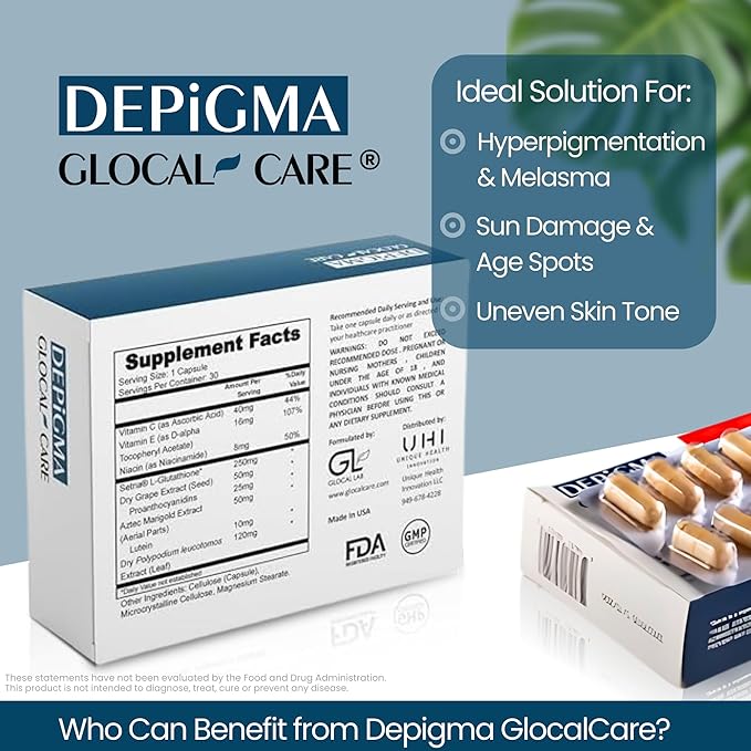 GlocalCare Depigma Support Reduction of Hyperpigmentation, Melasma & Dark Spots with Glutathione, Polypodium Leucotomos, Grape Seed & Marigold Extract-VivaGrace Women