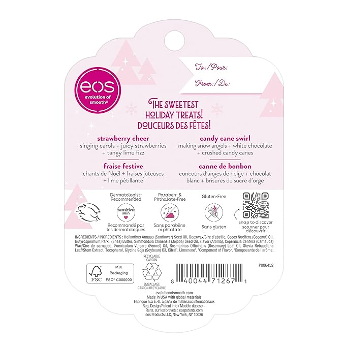 eos Holiday Lip Balm Gift- Strawberry Cheer & Candy Cane Swirl, Stocking Stuffers, All-Day Moisture Lip Care, 0.14 oz, 2-Pack-VivaGrace Women