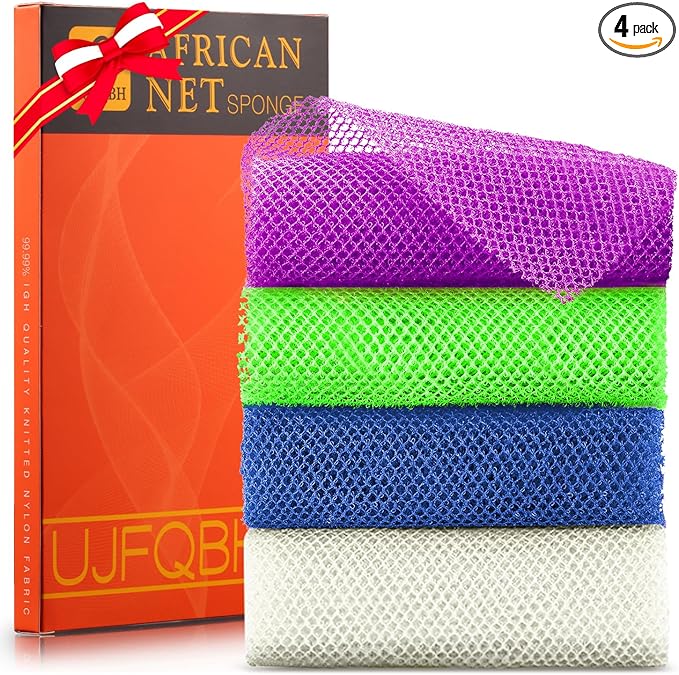 UJFQBH 4 Pieces African exfoliating net African Net Long Net Bath Sponge Exfoliating Shower Body Scrubber Back Scrubber Skin Smoother,Great for Daily Use (Purple, Blue, Green, White)-VivaGrace Women