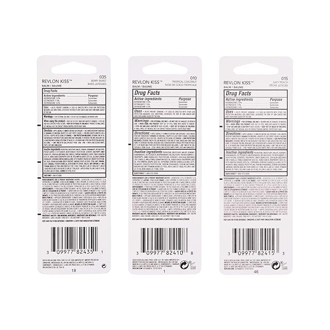 Revlon Lip Balm, Kiss Tinted Lip Balm, Face Makeup with Lasting Hydration, SPF 20, Infused with Natural Fruit Oils, 3 Piece Set, Juicy peach, Berry Burst & Coconut, 0.09 Oz-VivaGrace Women