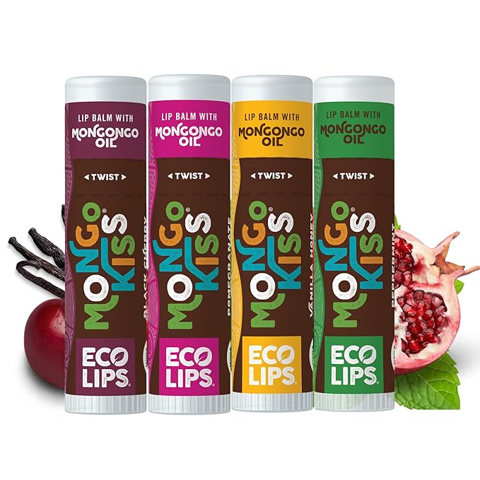 Eco Lips Mongo Kiss Organic Lip Balm 4 Pack Peppermint, Pomegranate, Vanilla Honey, Black Cherry - 100 Percent USDA Organic - Soothe, Moisturize Dry, Cracked and Chapped Lips - Made in USA-VivaGrace Women