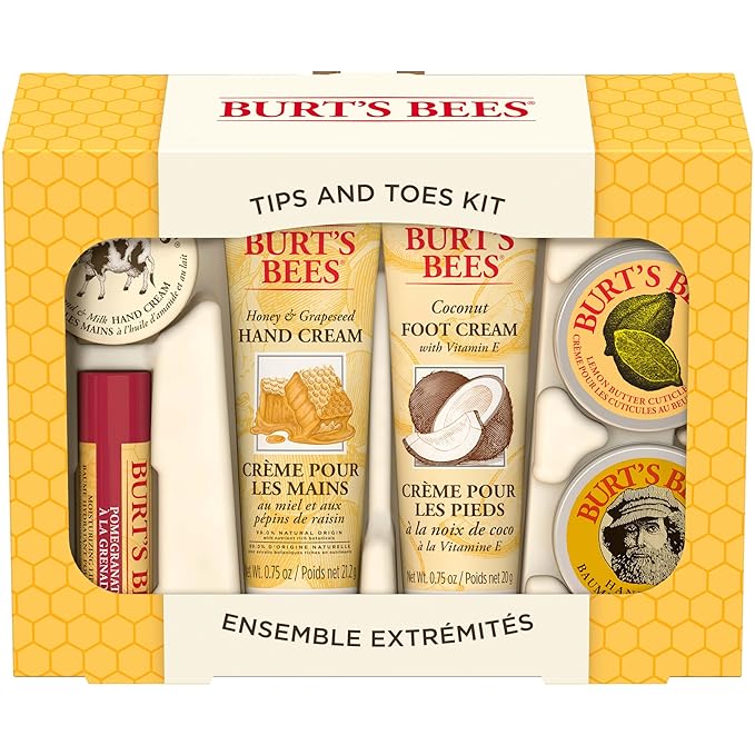 Burt's Bees Back to School Gifts Ideas, 6 Body Care College Dorm Products, Tips and Toes Set - Pomegranate Moisturizing Lip Balm, 2 Hand Creams, Foot Cream, Cuticle Cream & Hand Salve-VivaGrace Women